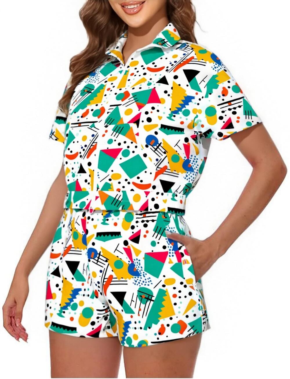 Womens 2 Piece Shorts Set L Multicolor Crop Top 90s Retro Geometric Print